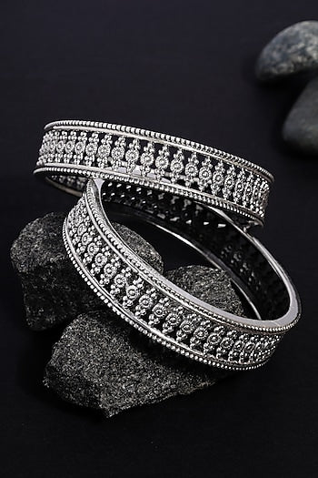 White Finish Temple Bangles In Sterling Silver (Set Of 2)