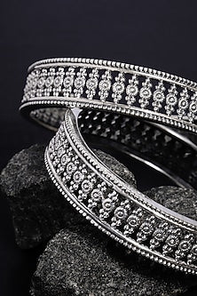 White Finish Temple Bangles In Sterling Silver (Set Of 2)