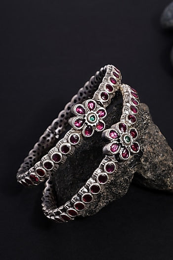 White Finish Pink Kempstone Temple Bangles In Sterling Silver (Set Of 2)