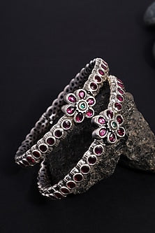 White Finish Pink Kempstone Temple Bangles In Sterling Silver (Set Of 2)