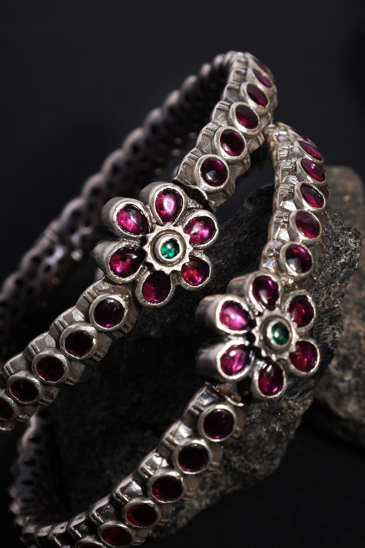 White Finish Pink Kempstone Temple Bangles In Sterling Silver (Set Of 2)