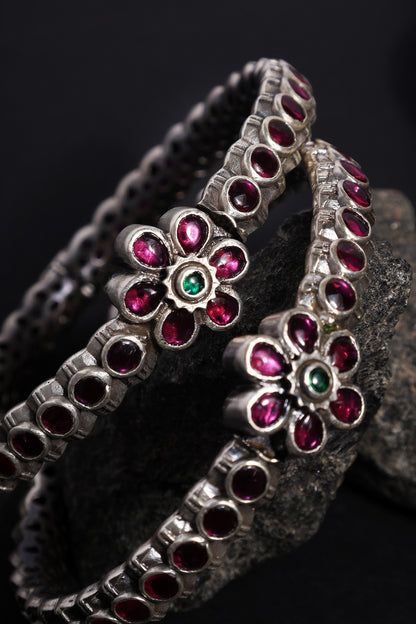 White Finish Pink Kempstone Temple Bangles In Sterling Silver (Set Of 2)
