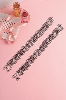 White Finish Ruby Stone Temple Anklets In Sterling Silver (Set Of 2)