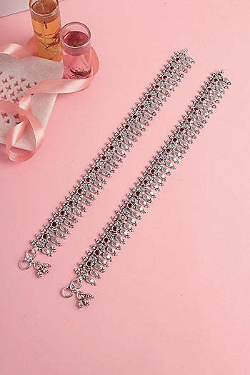White Finish Ruby Stone Temple Spoke Anklets In Sterling Silver (Set Of 2)
