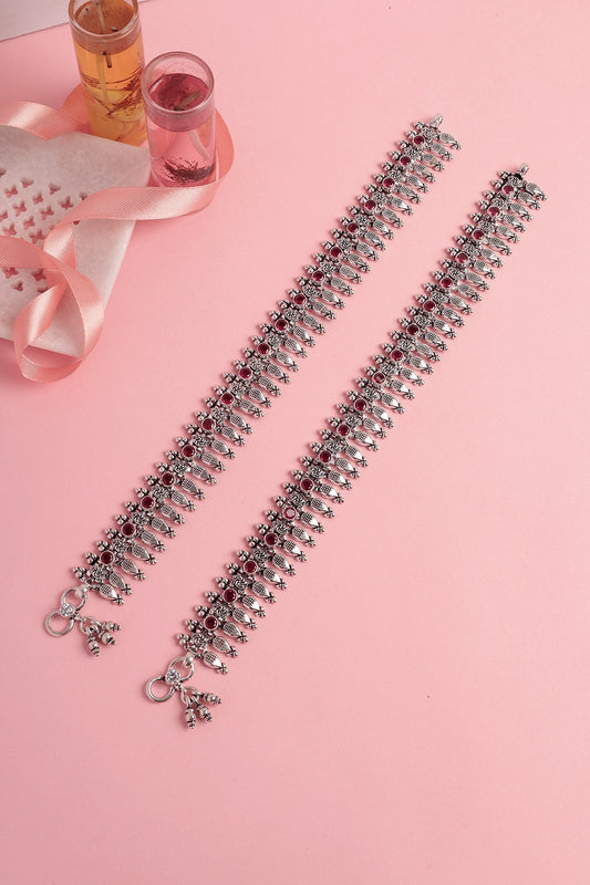 White Finish Ruby Stone Temple Spoke Anklets In Sterling Silver (Set Of 2)
