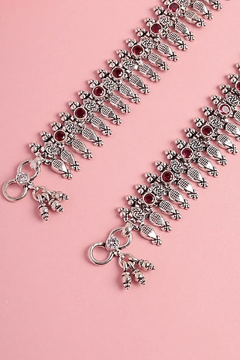 White Finish Ruby Stone Temple Spoke Anklets In Sterling Silver (Set Of 2)