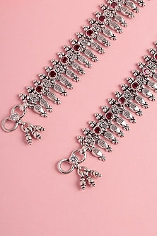 White Finish Ruby Stone Temple Spoke Anklets In Sterling Silver (Set Of 2)