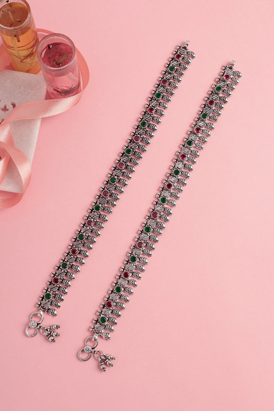 White Finish Ruby & Onyx Temple Spoke Anklets In Sterling Silver (Set Of 2)