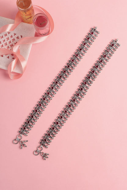 White Finish Ruby Beaded Temple Anklets In Sterling Silver (Set Of 2)
