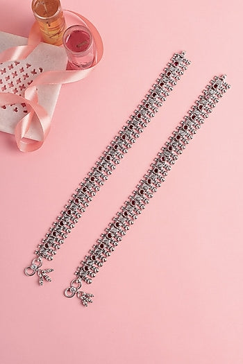 White Finish Ruby Beaded Temple Anklets In Sterling Silver (Set Of 2)