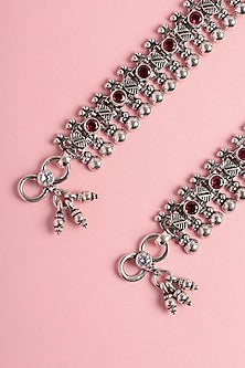 White Finish Ruby Beaded Temple Anklets In Sterling Silver (Set Of 2)