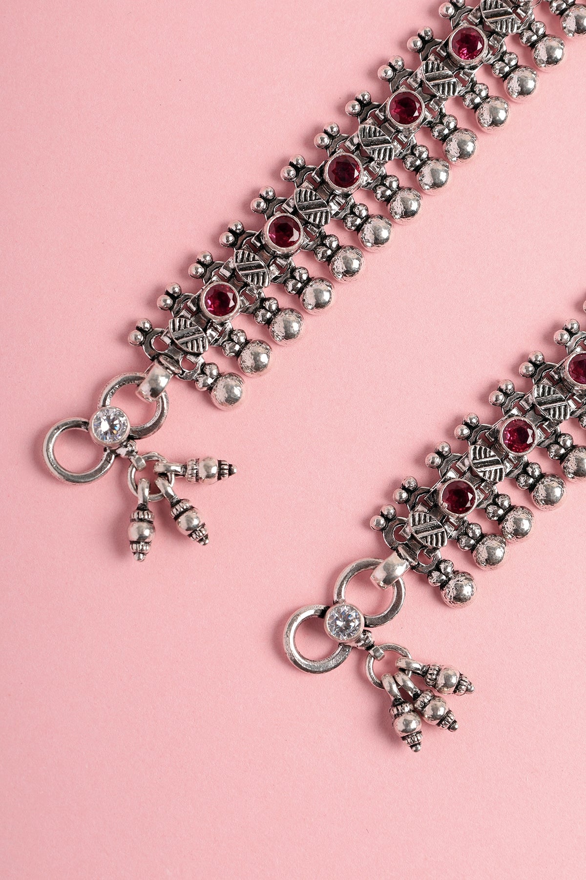 White Finish Ruby Beaded Temple Anklets In Sterling Silver (Set Of 2)
