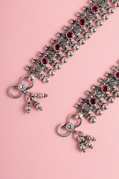 White Finish Ruby Beaded Temple Anklets In Sterling Silver (Set Of 2)