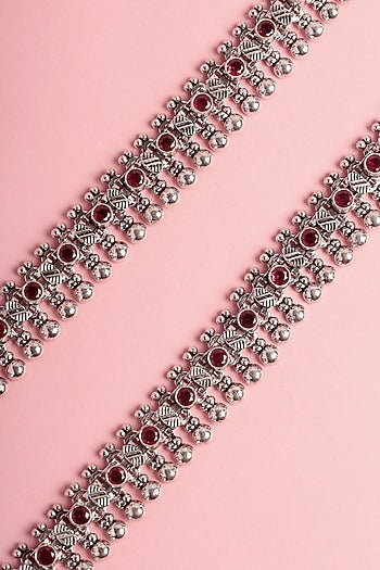 White Finish Ruby Beaded Temple Anklets In Sterling Silver (Set Of 2)