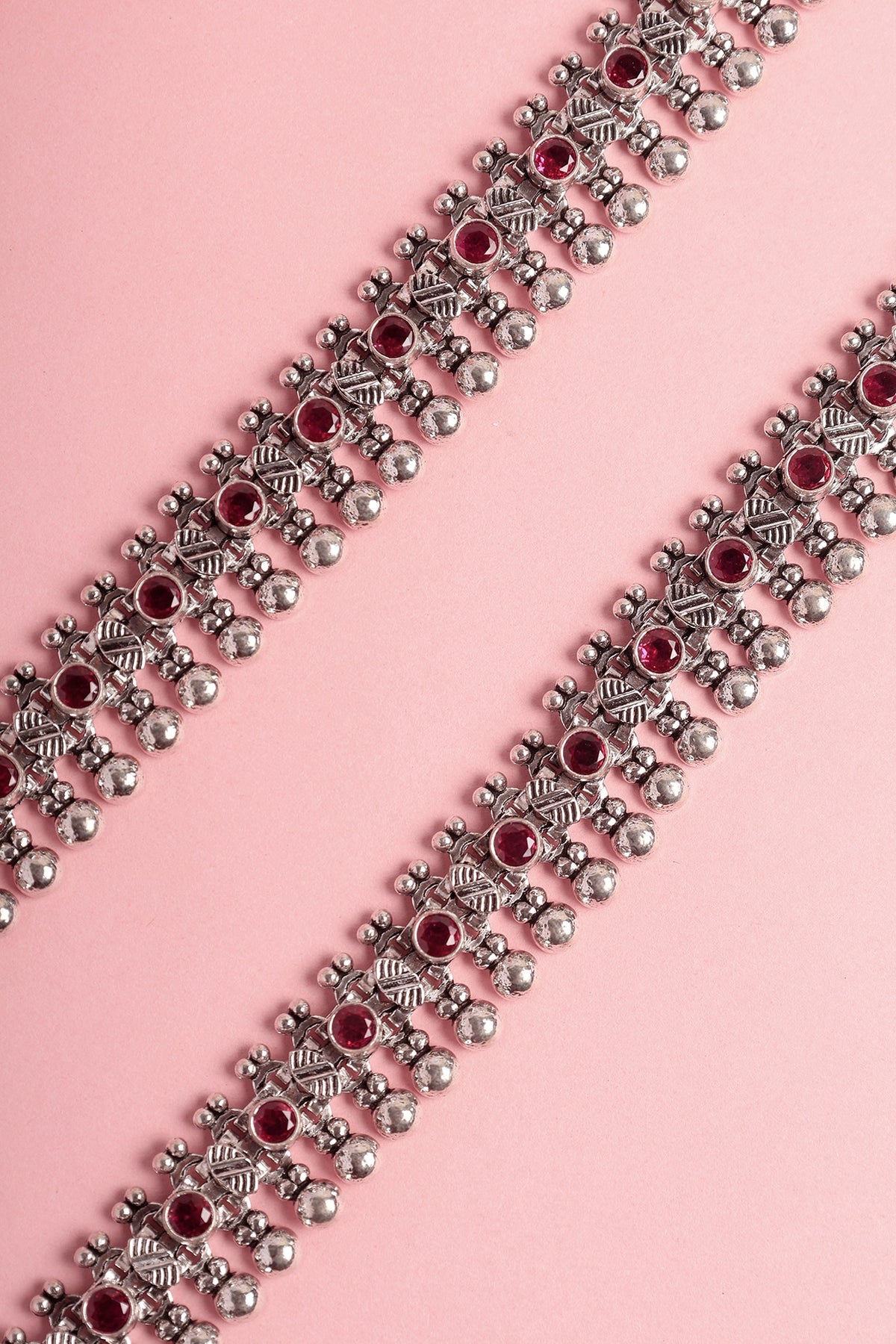 White Finish Ruby Beaded Temple Anklets In Sterling Silver (Set Of 2)