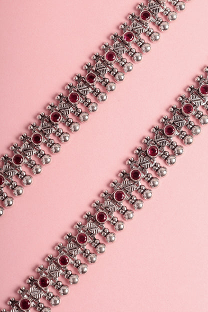 White Finish Ruby Beaded Temple Anklets In Sterling Silver (Set Of 2)