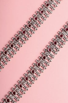 White Finish Ruby Beaded Temple Anklets In Sterling Silver (Set Of 2)