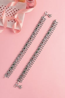 White Finish Ruby & Green Stone Temple Spoke Anklets In Sterling Silver (Set Of 2)