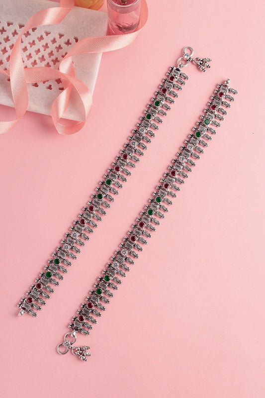 White Finish Ruby & Green Stone Temple Spoke Anklets In Sterling Silver (Set Of 2)