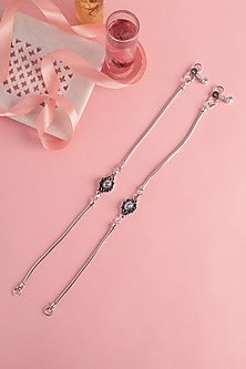 White Finish CZ & Onyx Temple Anklets In Sterling Silver (Set Of 2)