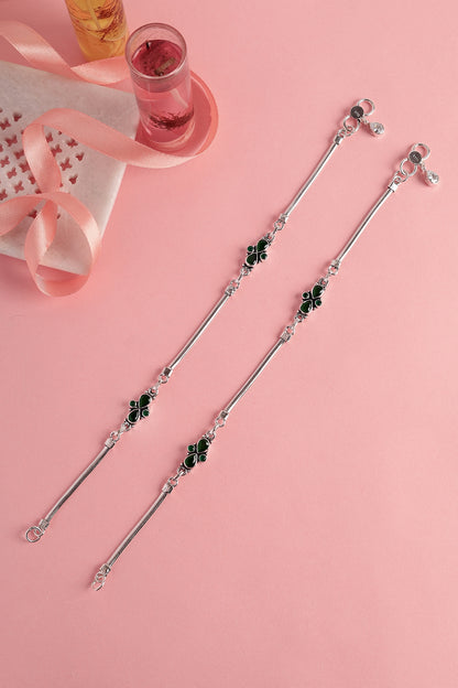 White Finish Green Onyx Temple Anklets In Sterling Silver (Set Of 2)