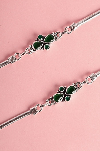 White Finish Green Onyx Temple Anklets In Sterling Silver (Set Of 2)