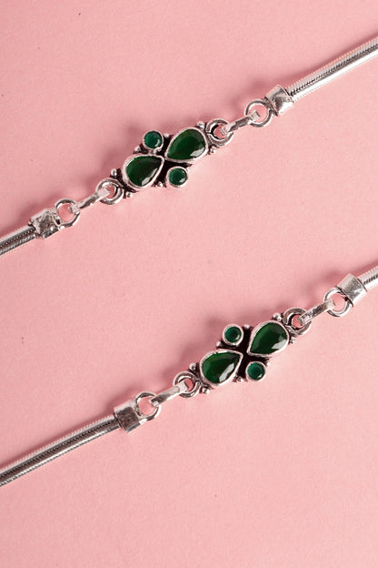 White Finish Green Onyx Temple Anklets In Sterling Silver (Set Of 2)