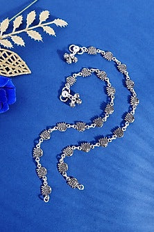 White Finish Lotus Temple Anklets In Sterling Silver (Set Of 2)