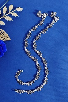 White Finish Elephant Temple Anklets In Sterling Silver (Set Of 2)
