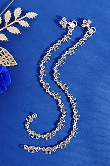 White Finish Elephant Temple Anklets In Sterling Silver (Set Of 2)