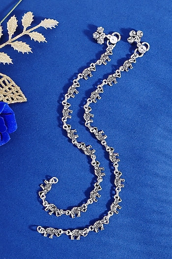White Finish Elephant Temple Anklets In Sterling Silver (Set Of 2)