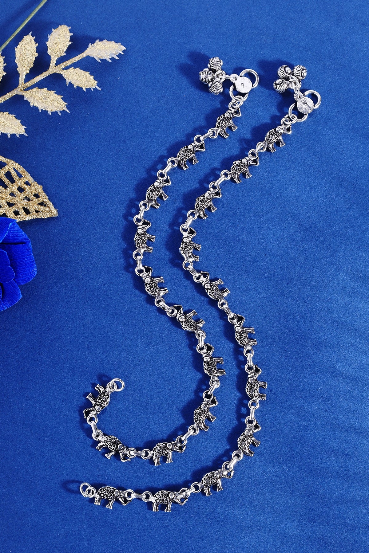 White Finish Elephant Temple Anklets In Sterling Silver (Set Of 2)