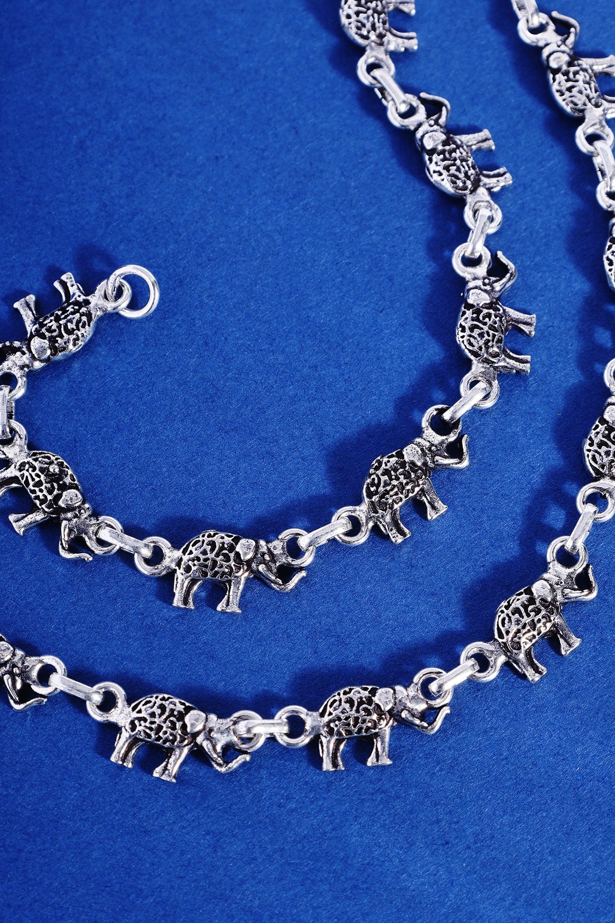 White Finish Elephant Temple Anklets In Sterling Silver (Set Of 2)