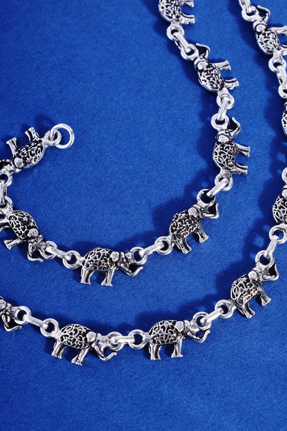 White Finish Elephant Temple Anklets In Sterling Silver (Set Of 2)