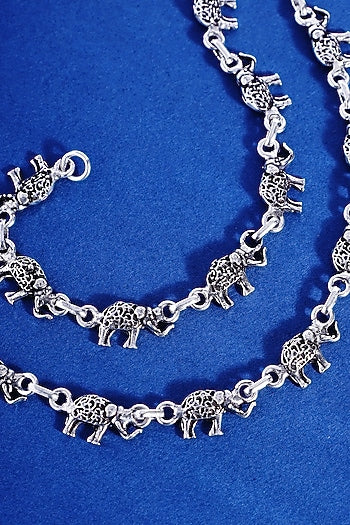 White Finish Elephant Temple Anklets In Sterling Silver (Set Of 2)