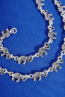White Finish Elephant Temple Anklets In Sterling Silver (Set Of 2)