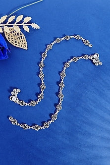 White Finish Beaded Floral Temple Anklets In Sterling Silver (Set Of 2)