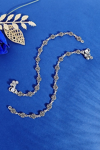 White Finish Beaded Floral Temple Anklets In Sterling Silver (Set Of 2)