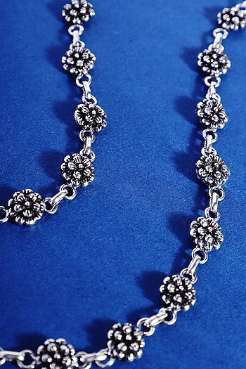 White Finish Beaded Floral Temple Anklets In Sterling Silver (Set Of 2)