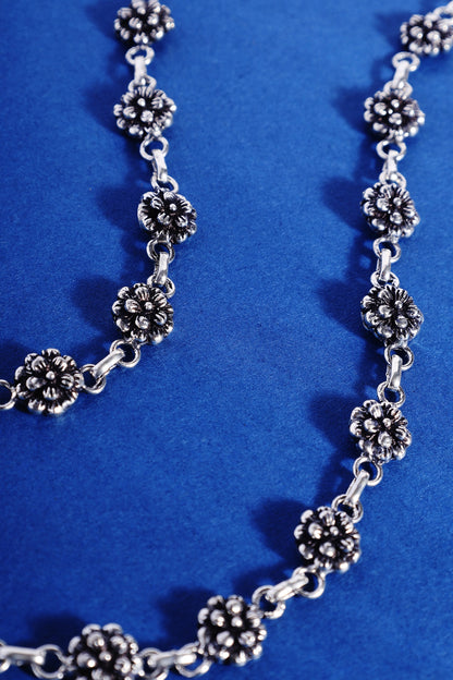 White Finish Beaded Floral Temple Anklets In Sterling Silver (Set Of 2)