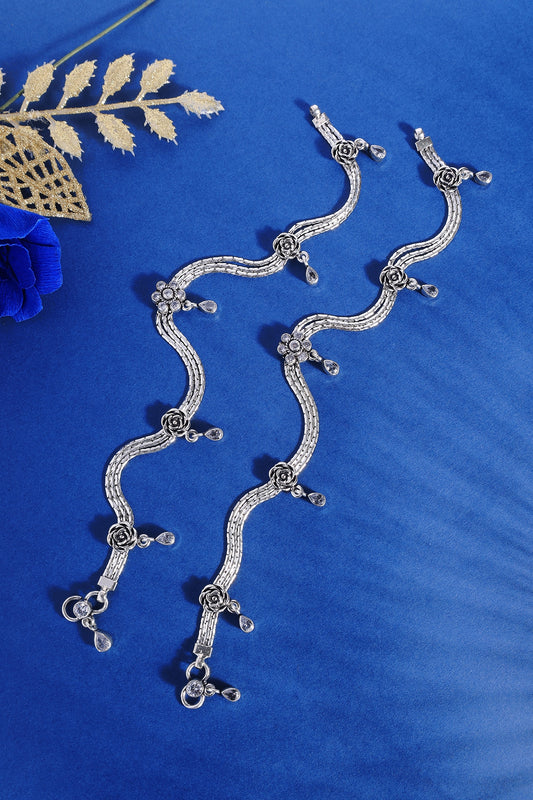 White Finish CZ Temple Anklets In Sterling Silver (Set Of 2)