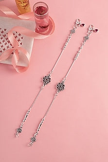 White Finish Ruby & CZ Stone Temple Floral Anklets In Sterling Silver