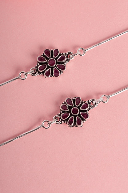 White Finish Ruby & CZ Stone Temple Floral Anklets In Sterling Silver