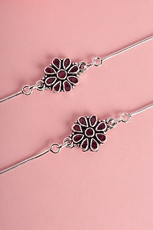 White Finish Ruby & CZ Stone Temple Floral Anklets In Sterling Silver