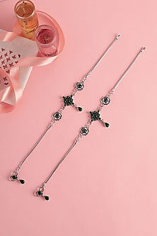 White Finish Green Onyx Temple Floral Anklets In Sterling Silver