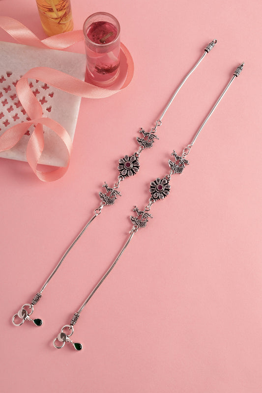 White Finish Onyx Temple Floral Anklets In Sterling Silver