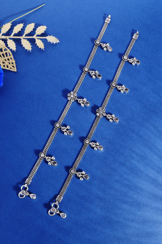 White Finish Onyx & CZ Stone Temple Anklets In Sterling Silver