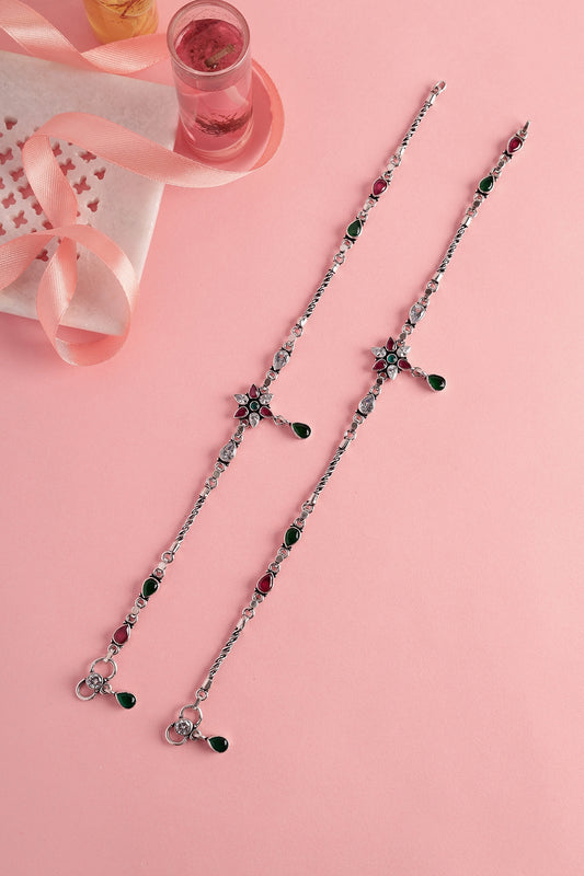White Finish Red & Green Onyx Temple Floral Anklets In Sterling Silver