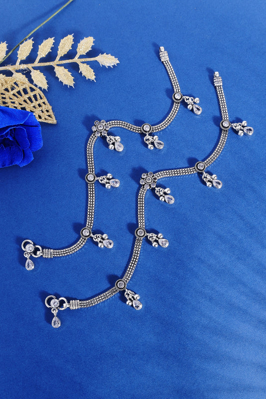 White Finish Onyx & CZ Stone Temple Anklets In Sterling Silver