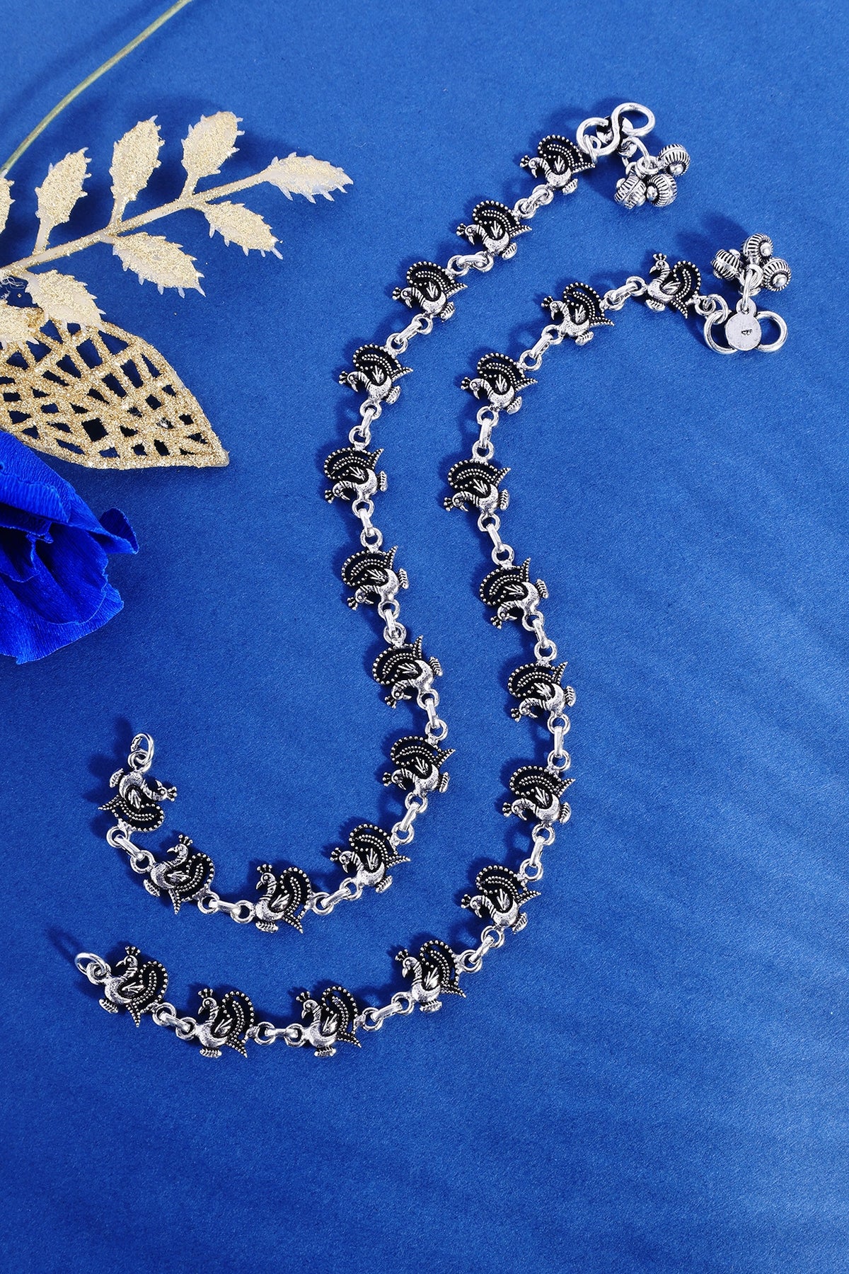 White Finish Peacock Temple Anklets In Sterling Silver